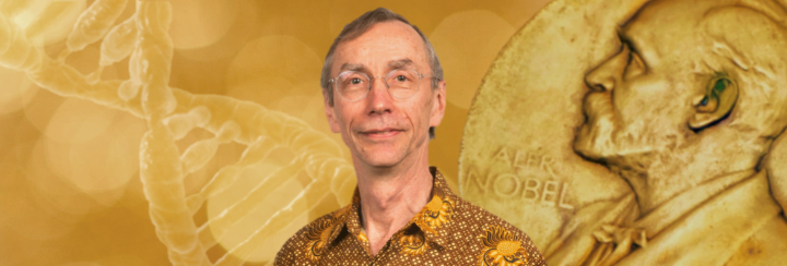 Svante Pääbo against a golden background of a DNA molecule and the Nobel Prize medal