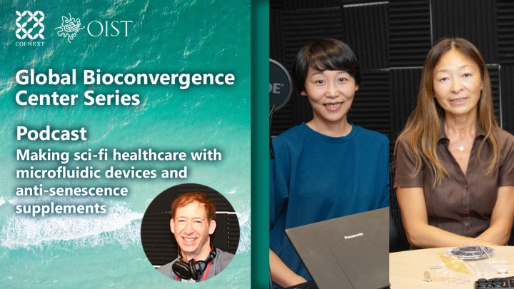 Header image for article regarding the fifth OIST podcast episode regarding microfluidic devices and anti-senesence supplements