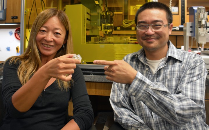 Prof Amy Shen (left), and PhD student Hsieh-Fu Tsai (right) showing the insert.