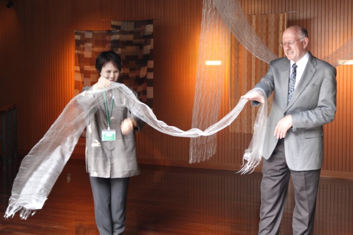 Textile Artist Michiko Uehara and President Dorfan