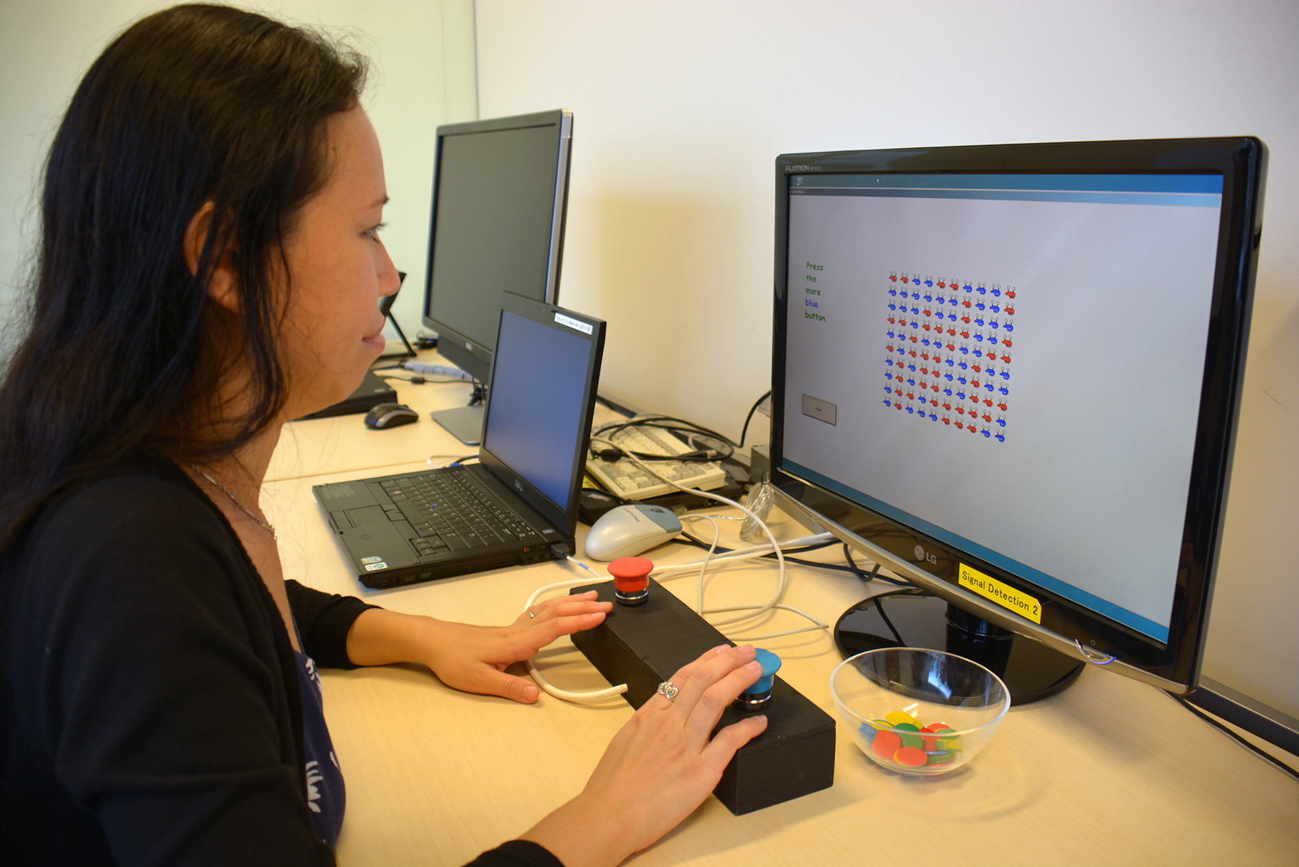Dr Emi Furukawa, from the Human Developmental Neurobiology Unit, demonstrates the game used during the research.