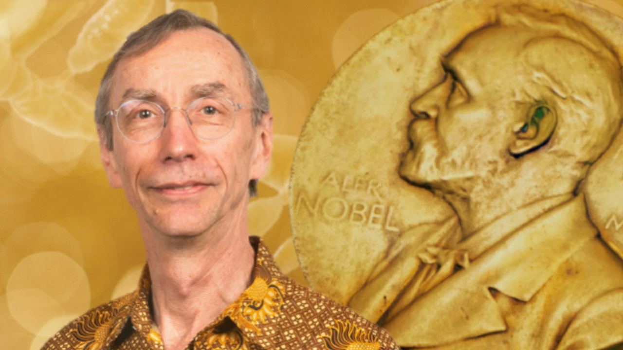 Svante Pääbo against golden background including Nobel Prize medal and DNA helix