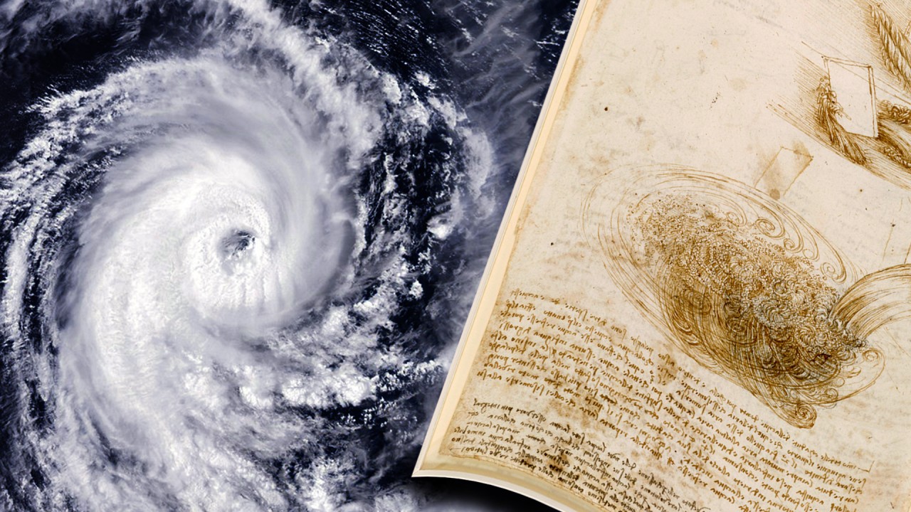 Composite image of a satellite photo of a typhoon and a page from da Vinci’s manuscripts containing an ink sketch of turbulent eddies.