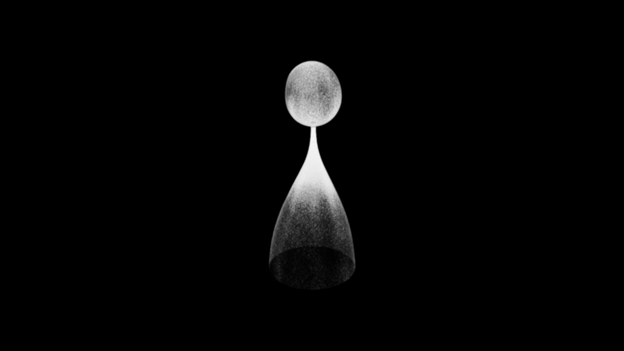 A tomograph, showing a what looks like a slightly misshapen moon on top of the bottom half of an hour glass, against a black background.