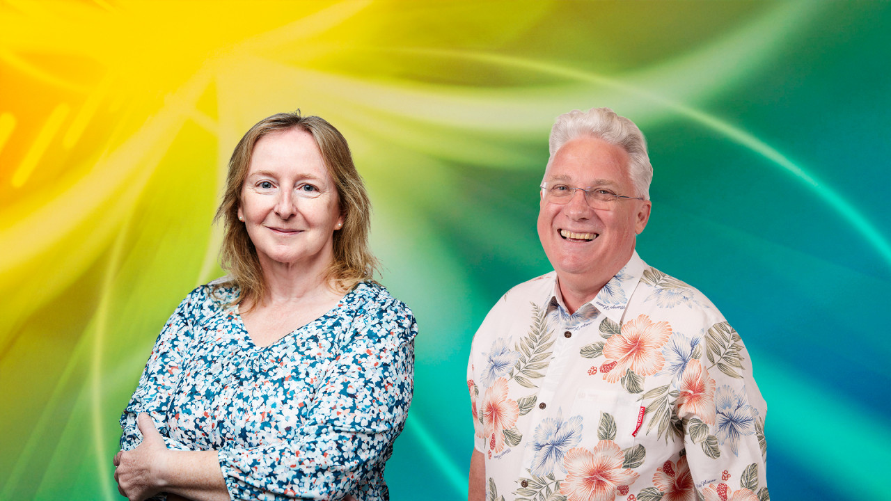 Photos of two people, both looking at the camera and smiling, wearing flowery shirts.