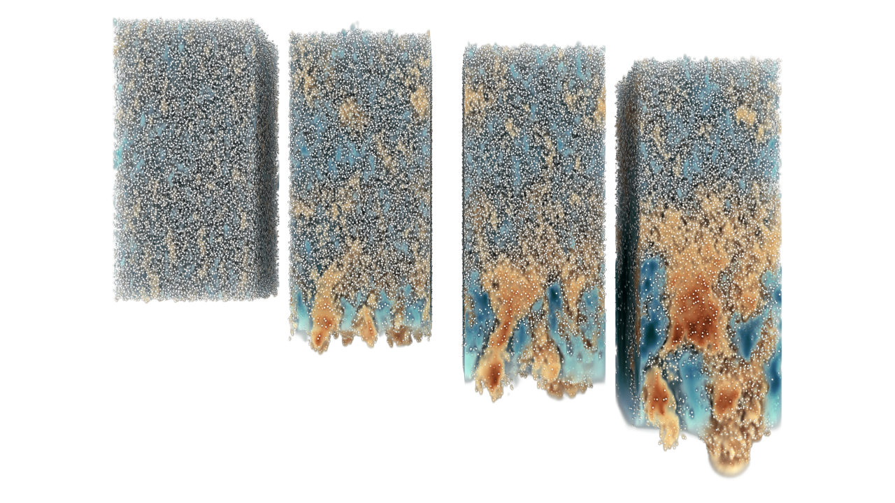 Four 3D renderings showing the gradual mixing of sediment-laden fluid with a clear one. Colors indicate direction (blue for upward, yellow for downward) and speed (color intensity) of the fluid.