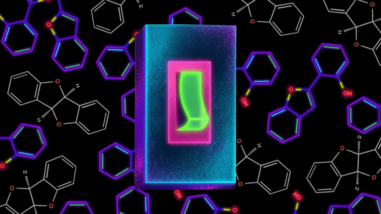A light switch sits in front of a background composed of two different chemicals, one fluorescent and one not.