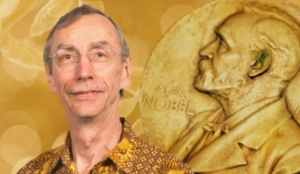 Svante Pääbo against golden background including Nobel Prize medal and DNA helix