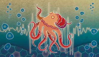 A stylized illustration of an octopus dreaming on a coral reef with bingata influence