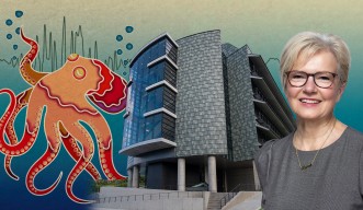 2023 highlights article, with a drawing of an octopus, lab 5, and president Karin Markides. 
