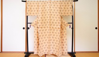 畳の上に置かれた濃い木製の衣桁（いこう）に、淡い色の着物が掛けられている。背景には襖（ふすま）の仕切りが見える。