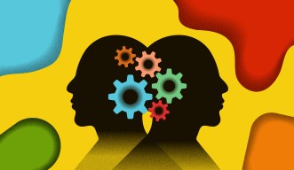 共通のメカニズムを表現したイラスト。背中合わせに並ぶ2人のシルエットの頭部には、明るい色の歯車がかみ合うように描かれ、脳内の共通のシナプス機構を象徴している。黄色、青、緑、赤、オレンジの鮮やかな背景が、治療法の可能性を感じさせる前向きな印象を与える。