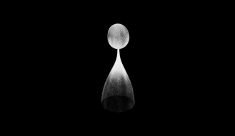 A tomograph, showing a what looks like a slightly misshapen moon on top of the bottom half of an hour glass, against a black background.