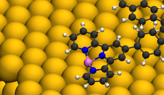 An organic polymer (carbons represented in black) holds metal atoms in controlled environments using side chains towards realization of enzyme-like catalysis. 