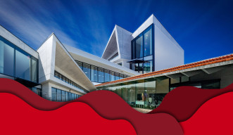 Graphic collage of OIST buildings with a decorative, red foreground.