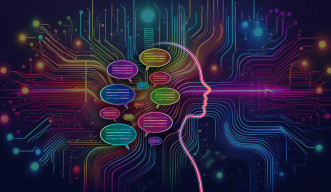 A human outline in neon pink sits on a background of wire patterns in bright neon colors. Code in speech bubbles emerges from the back of the outline