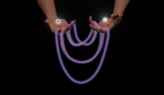 A 3D rendering of a pair of hands holding glowing bands of energy like a cat’s cradle. One of the bands fold inwards, reminiscent of the Mexican-hat-like momentum dispersion indicative of Floquet effects. The glowing orbs above the hands, one dark and the other light, represent the electron and hole that together form an exciton. 