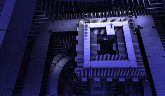 An abstract computer chip depicted in blues and whites.