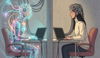 Illustration of a human participant with EEG and an AI partner in adjacent experimental booths for the SPReAD project