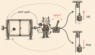 Cartoon of Szilard's engine: after information is in hand, a value choice — lift or drop