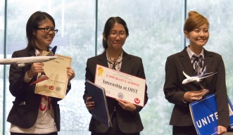 First-place winners Haruna Miyazato, Rui Yamashiro, and Mako Tibana from the Okinawa National College of Technology.