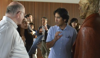 Professor Yasuhiko Sunagawa explains the artwork to President Dorfan at the OPUA Art Exhibition “A Crossing of Minds”, 28 June 2013