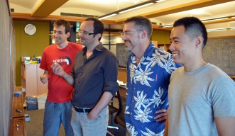Members of the OIST Theory of Quantum Matter Unit. From the left: Dr Owen Benton, Dr Ludo Jaubert, Prof Nic Shannon, and Mr Han Yan