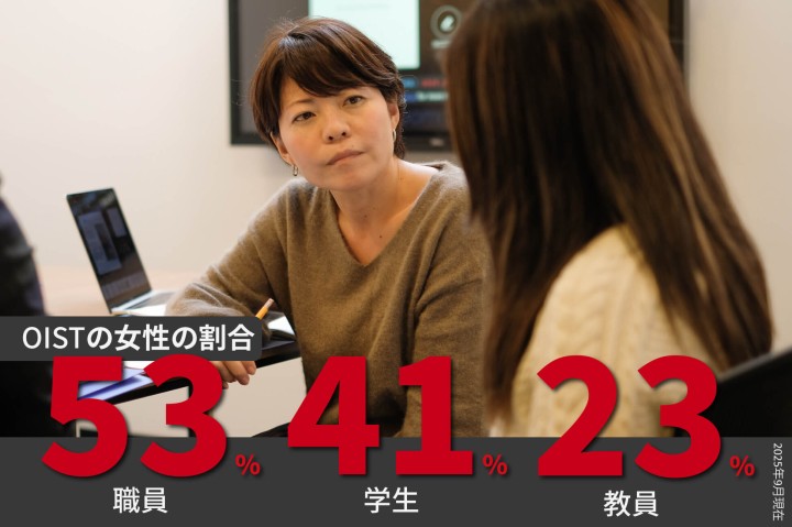 OISTの女性の割合：職員53％、学生41％、教員23%