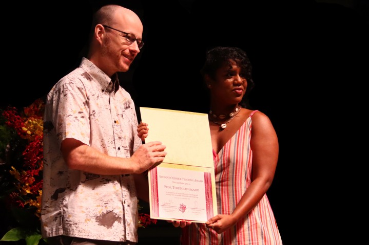 On behalf of the student council, PhD student, Lakshmipriya Swaminathan (right), presented the Student’s Choice Teaching Awards to Professor Tom Bourguignon (left) and Professor Keiko Kono.