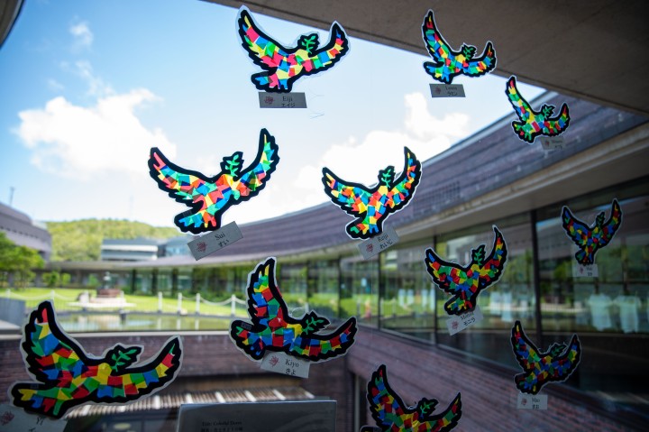 Dove shaped stickers on the glass window