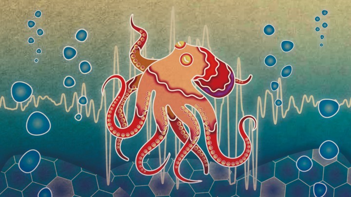 A stylized illustration of an octopus dreaming on a coral reef with bingata influence