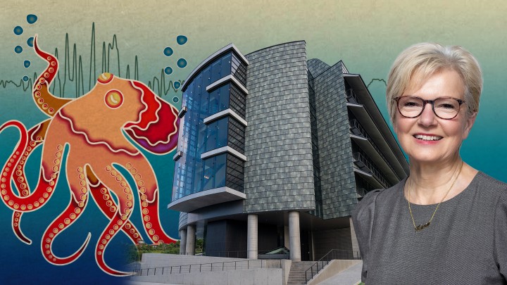 2023 highlights article, with a drawing of an octopus, lab 5, and president Karin Markides. 