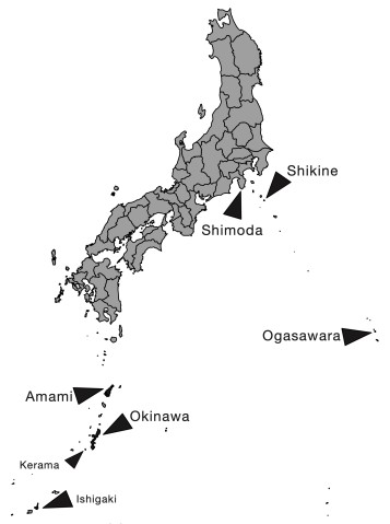 Map showing the locations of sea anemone sample collection sites in Japan 
