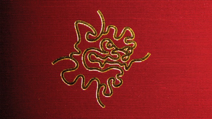 OIST logo in gold on the red background