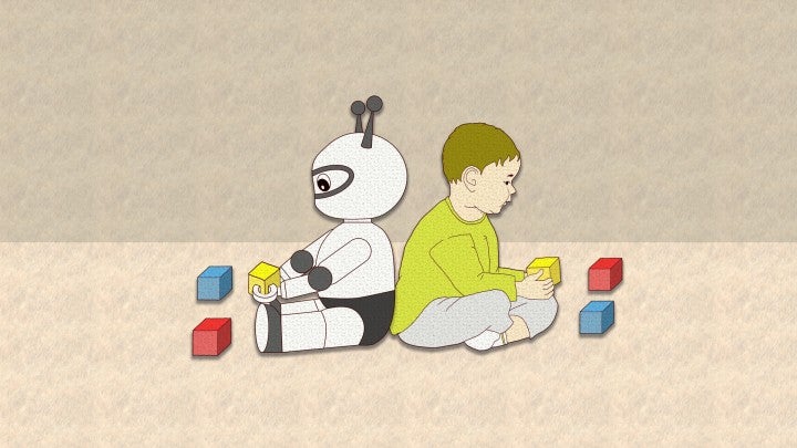 Illustration of an anthropomorphized robot stacking colored blocks back to back with a human toddler. 