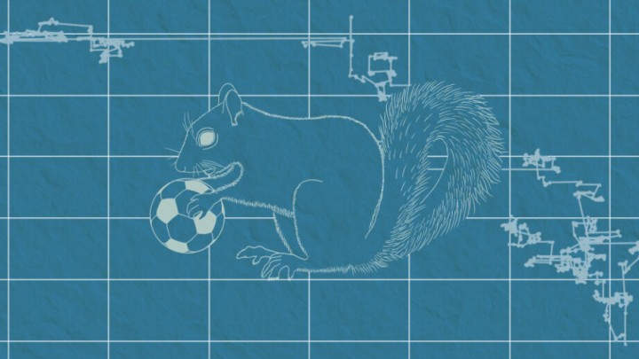 レヴィウォークパターンが描かれた格子状の背景の前に、サッカーボールを手に持ったリスのイメージ図。