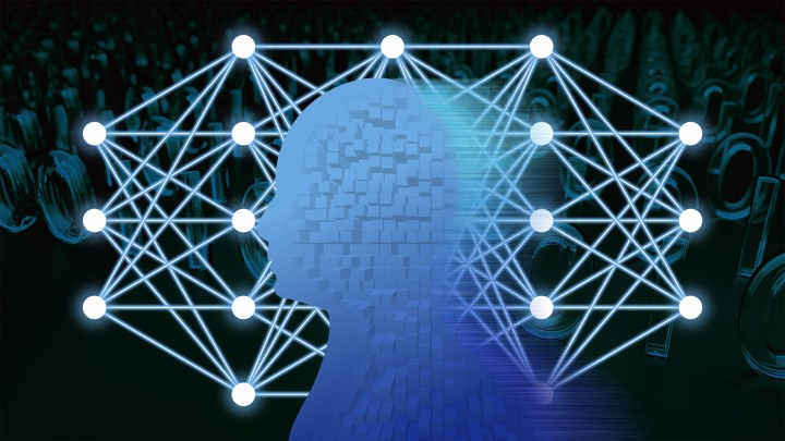 Abstract illustration of human-centered machine learning. A blocky representation of a human head in the foreground, followed by an illustration of a neural network, on a background of binary numbers.