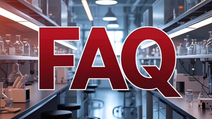 FAQ letters with background of lab area