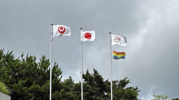 Rainbow Pride flag next to flags of OIST, Japan, Okinawa