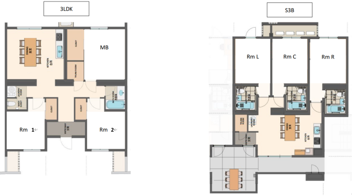 Bedroom Layouts of 3LDK and S3B