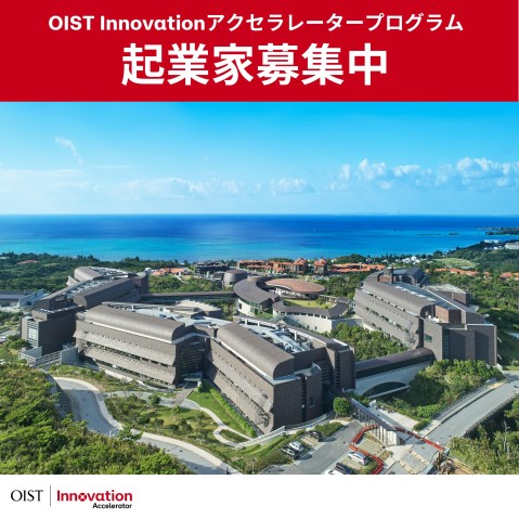 海を背景にキャンパスの眺め。「起業家募集中」という文字。