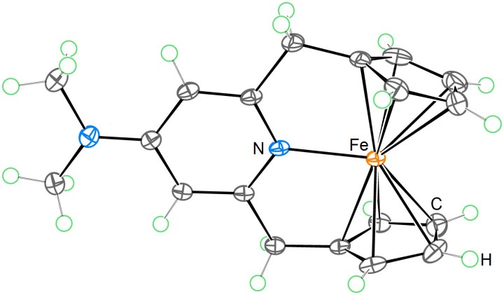 Image showing the molecular structure of the new 20-electron ferrocene derivative, highlighting nitrogen, iron, hydrogen, and carbon atoms.