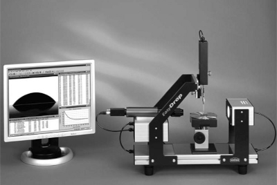 table-top tensiometer with sample area for contact angle measurements, control PC