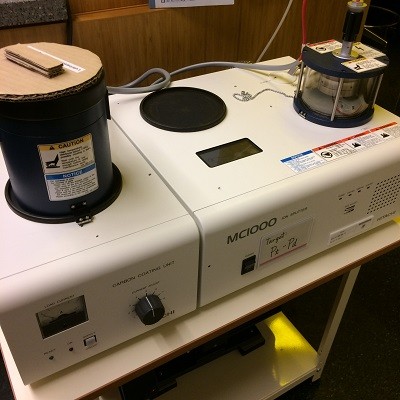 sputtering device from Hitachi, tabletop with timer controls and small sample chamber