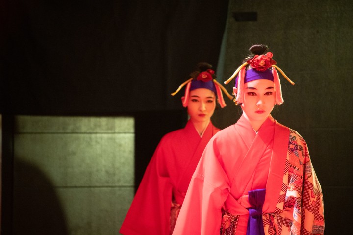 Photo of traditional Ryukyuan dancers during a presentation in OIST Auditorium
