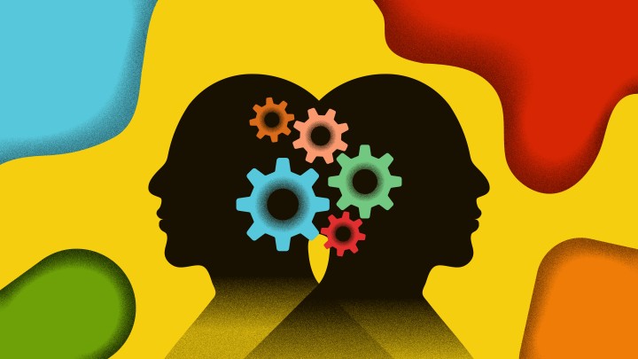 An abstract image representing shared mechanisms. Two silhouettes are featured back-to-back with joint cog wheels in bright colors across their heads, representing the shared synaptic mechanism. A brightly colored background of yellow, blue, green red and orange evokes positivity with the news that this shared mechanism may inform potential treatment options.