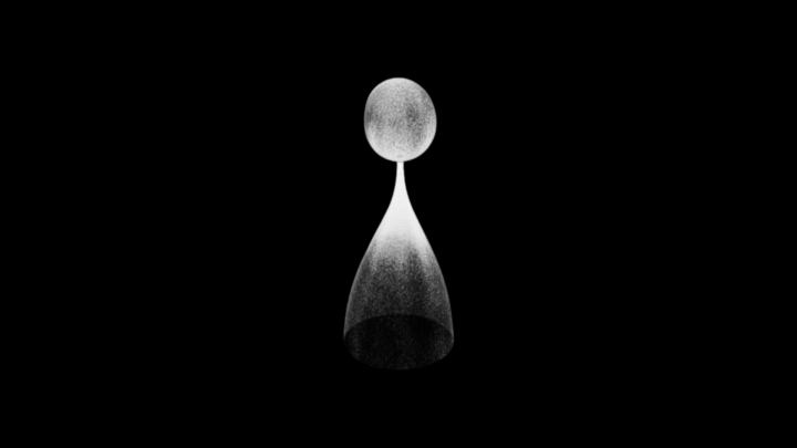 A tomograph, showing a what looks like a slightly misshapen moon on top of the bottom half of an hour glass, against a black background.