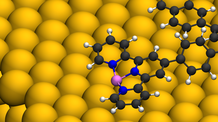 An organic polymer (carbons represented in black) holds metal atoms in controlled environments using side chains towards realization of enzyme-like catalysis. 