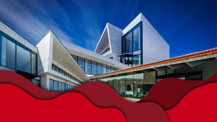 Graphic collage of OIST buildings with a decorative, red foreground.