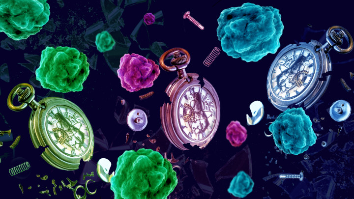 Broken clocks, with shattered glass and escaping springs and pins are represented alongside cancer cells in an abstract image
